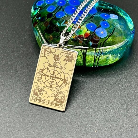The Wheel of Fortune / Fate Stainless Steel Tarot Pendant and Necklace #860 - Picture 4 of 7
